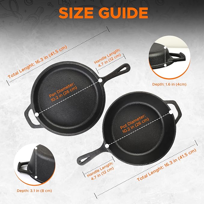 KICHLY Combo Cooker Cast Iron Dutch Oven with Lid 2 in1, PFAS Free Pre-seasoned Multi Cookware Skillet, 3.2QT Cast Iron Pan Dutch Oven Deep Pot with Frying Pan 10.25 Inch, Grill Induction Stovetop Camping