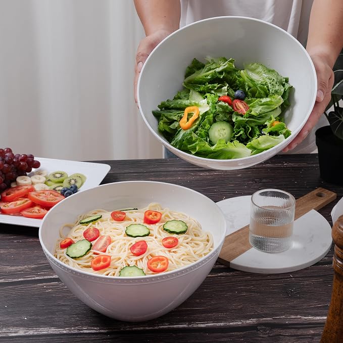 Large Salad Bowls Set of 2, Beaded Serving Bowl Set, 11" White Melamine Bowl for Soup, Salad, Fruit and Pasta, Unbreakable Chip/Popcorn Bowl, Deep Bowls for Party Table for Kitchen and Party Wedding