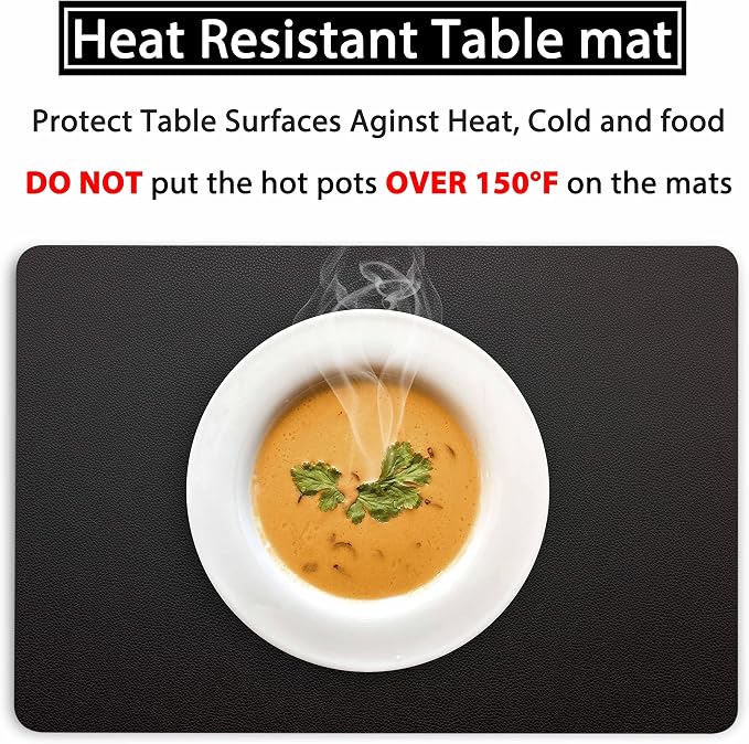 Wipeable Placemats Leather Table Mats Waterproof Heat-Resistant Easy to Clean for Dining Table Set Kitchen Table (2, Black)