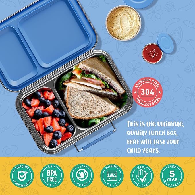 Stainless Steel Lunch Box for Kids, Leak Proof Bento Lunch Box BPA Free 304 Stainless Steel Bento Box Stainless Bento Box with Containers for School and Office(Blue)