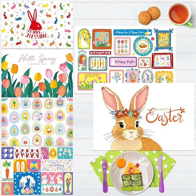 6 Pack Easter Placemats, Non-Slip Washable, Reusable Placemat - Bunnies, Flowers, Easter Eggs, Holiday Theme Placemats for Home, Office, Restaurant, Dining Table, Adults, Kids