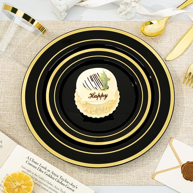 BESTVIP 600PCS Black Gold Dinnerware Set for 100 Guests, Plastic Plates | for Party, 100 Black Gold Disposable Plates, 100 Dessert Plates, 100 Cups, 100 Spoons, 100 Forks and 100 Knives