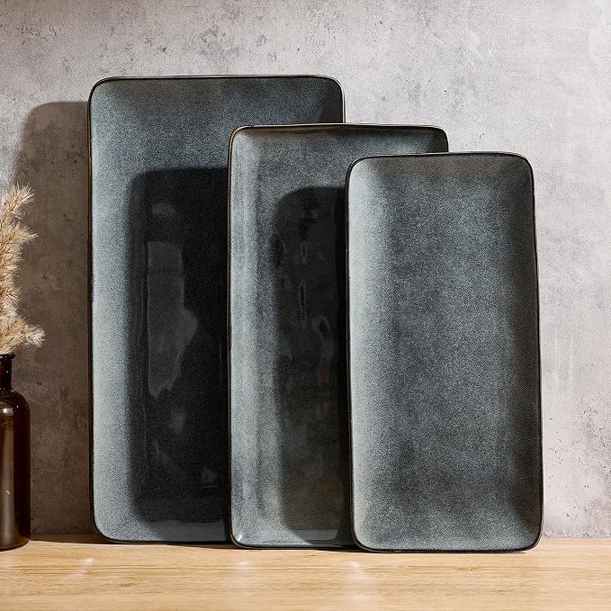 Famiware Serving Platters Set of 3 Sizes - Rectangular, Deep Forest | 15.67"/14.1"/12.6" Fine Stoneware Serving Trays for Party, Entertaining for Food, Turkey, Cheese, Microwave Dishwasher Safe