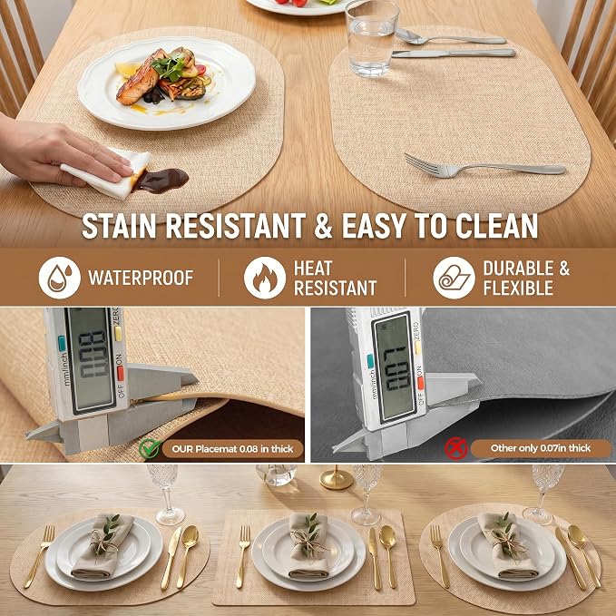 Faux Leather Placemats Set of 4, Wipeable Waterproof Stain Resistant Table Mats, Heat Resistant Thick Placemats with Hand-Painted Edges for Kitchen Dining, Imitative Linen Texture, Various Shapes