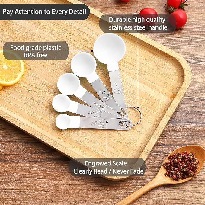 Measuring Cups and Spoons Set of Huygens Kitchen Gadgets 10 Pieces, Stackable Stainless Steel Handle Measuring Cups for Measuring Dry and Liquid Ingredient (White)