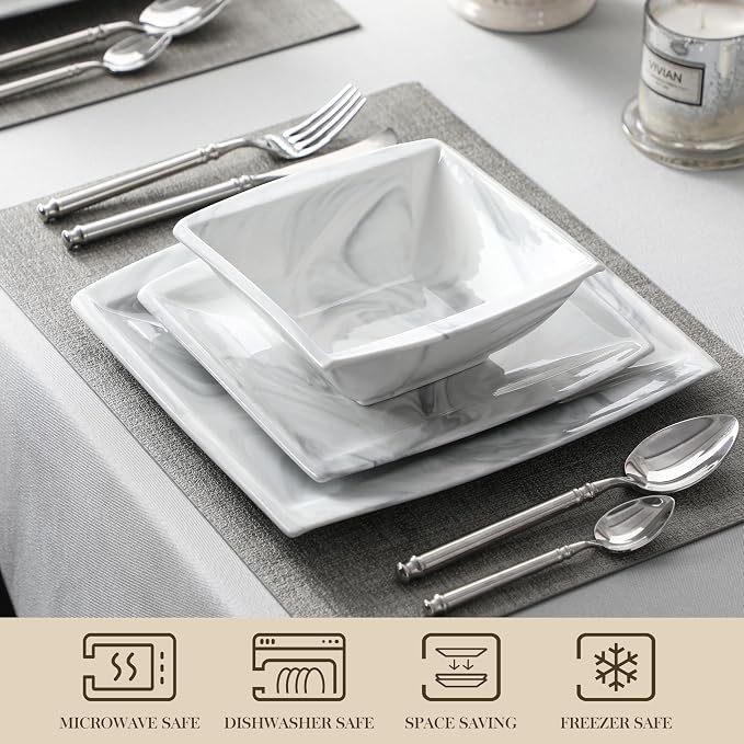 MALACASA Plates and Bowls Sets, 12-Piece Porcelain Dinnerware Sets for 4, Square Plates and Bowls for Dessert, Salad and Soup, Ceramic Dishes Dining Dishware Set, Marble Grey, Series Blance | Complete with Plates, Bowls, Cups, Saucers, Microwave Oven a...