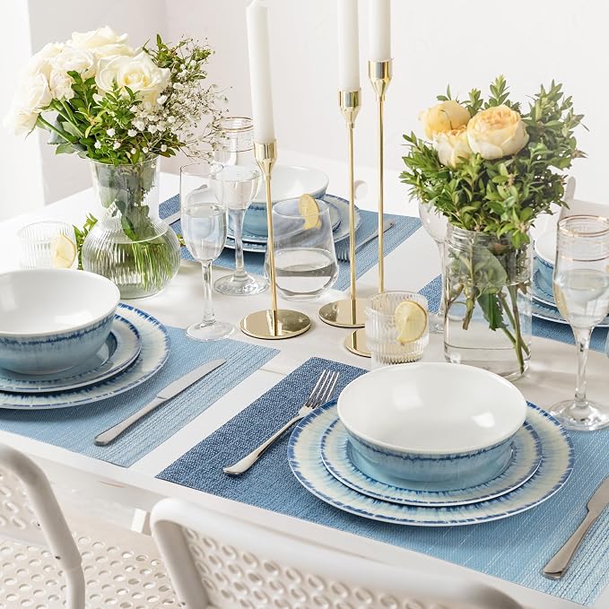 Melamine Dinnerware Set of 12 Pcs Dinner Dishes Set with 4 Placemats for Indoor and Outdoor Use, Dishwasher Safe, Lightweight Unbreakable, BPA Free, Light Blue