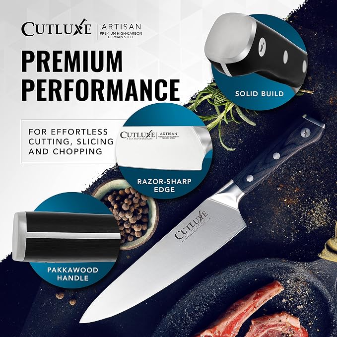 Cutluxe Chef Knife 8" – German High Carbon Steel Kitchen Knife, Full Tang | Ergonomic handle with sheath included; hand-sharpened blade at 56 HRC; slices meat, sushi and vegetables with ease