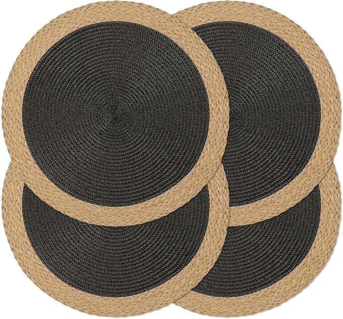Round Placemats Set of 4, Woven Table Mats, Wide Edge, Black | Braided Paper Edge, 15 Inch Diameter, Fits Dinner Plate and Flatware, Wipeable, Heat Resistant, Indoor Dining, Outdoor Patio