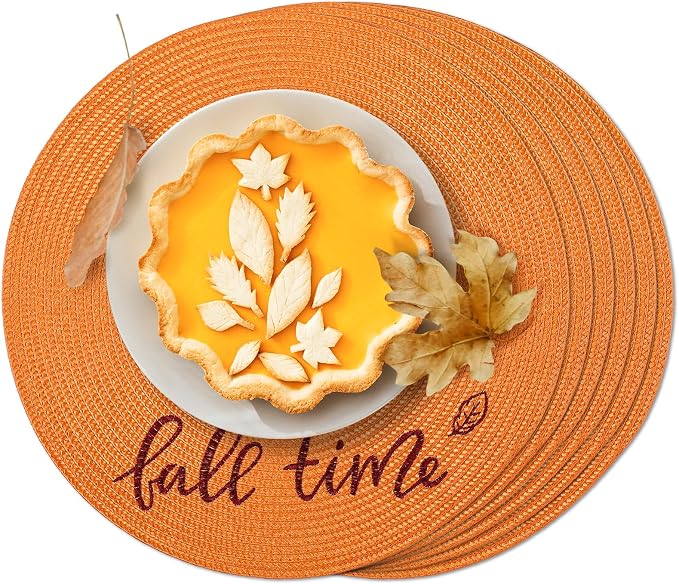 FunWheat Round Placemats Set of 6 Table Mats for Thanksgiving Tables Washable Non-Slip Place mats 15 Inch for Fall(Orange Fall,6pcs)