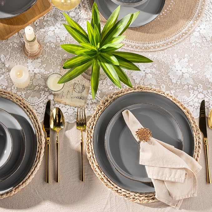 AmorArc Dinnerware Sets for 4, 12 Pieces Ceramic Plates and Bowls Set | Scratch Resistant Stoneware Dishes Set, Dishwasher & Microwave Safe,Gray
