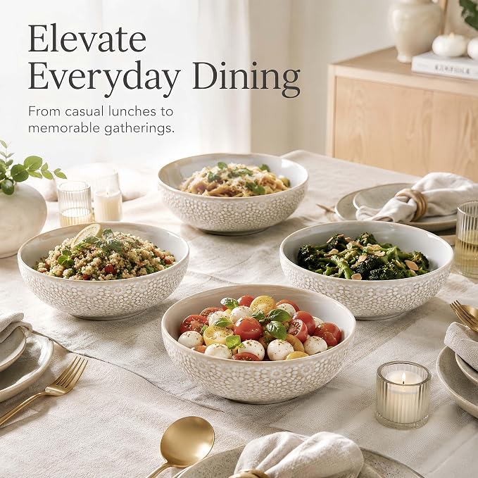 8" Ceramic Pasta Bowls, 22 Oz Serving Bowls Set of 4, Porcelain Shallow Soup Bowl, Embossed Serving Dishes for Pasta, Fruit, Salad, Housewarming Gift, Dishwasher Safe