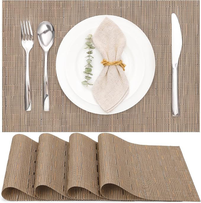 Myir JUN Placemats Set of 4 Kitchen and Dining Table Placemats | Vinyl Placemats Place Mats Indoor/Outdoor Set of 4 Washable Table Mats Non-Slip Place mats for Dining Table, Light Brown