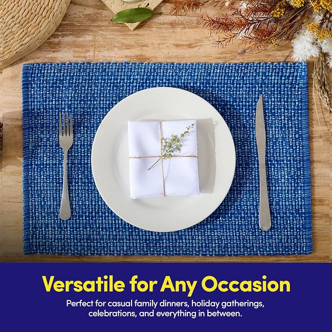 Sweet Home Collection 100% Cotton Placemats for Dining Room Rectangle Two Tone Woven Fabric 13" x 19" Soft Durable Table Mat Set, Set of 4, Dark Blue