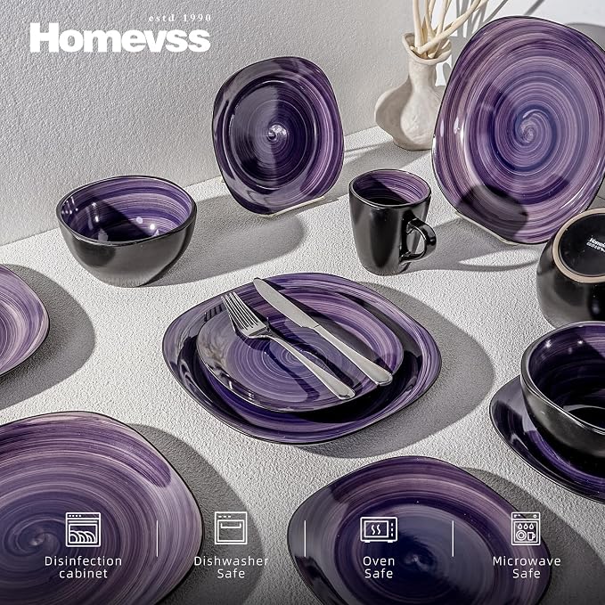 HomeVss 16-Piece Square Dinnerware Set - Serves 4, Inside Spinwash Swirl Purple + Outside Black Plates & Bowls Set | Microwave & Dishwasher Safe