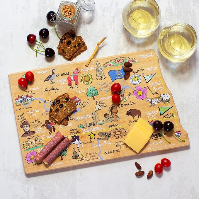 Totally Bamboo North Dakota State Shaped Cutting Board, Art by Fish Kiss | State charcuterie board with colorful hand-drawn map artwork. Smooth reverse side for food prep. Hang tie for wall display.