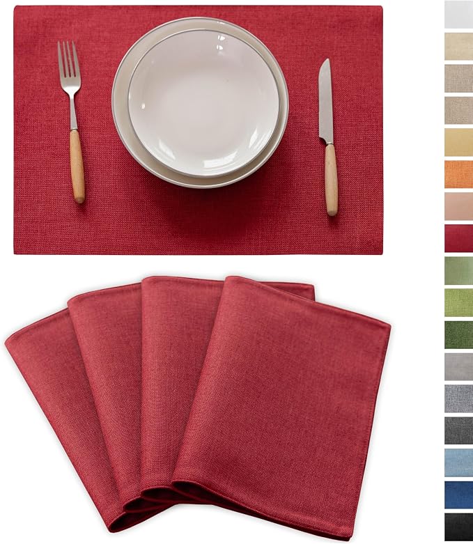 Demetex Placemats Set of 4 Heat Resistant Red Linen Place Mats Wipeable Cloth Placemats for Party Wedding Holiday Dinner, 13 x 19 inches, Wine Red