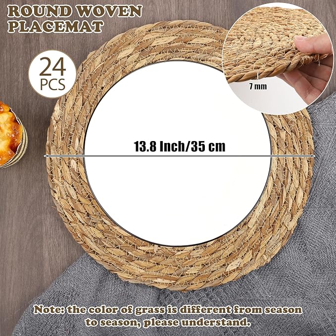 Kochorie Set of 24 Round Woven Placemats 13.8 Inches Bulrush Placemats Natural Hand-Woven Boho Rattan Placemats Wicker Table Mats Farmhouse Weave Place Mats for Home Dining Table