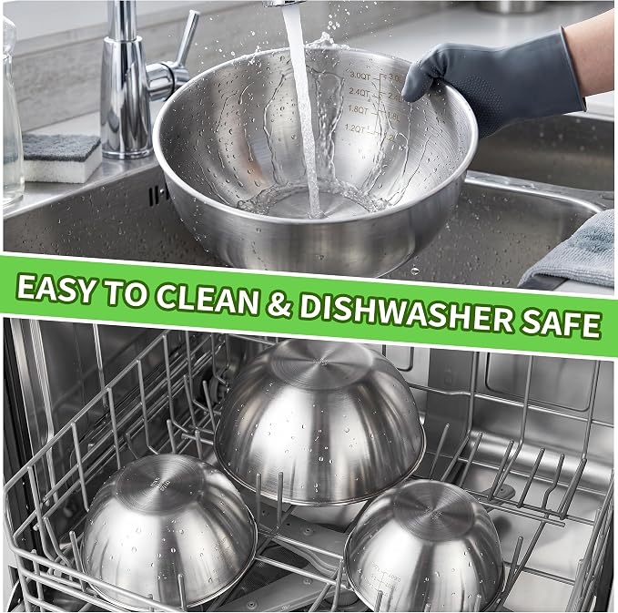 304 Stainless Steel Mixing Bowls Set of 5, 1.1/1.6/1.9/2.5/3.5 QT Food Grade Metal Bowls with Measurement Marks, Dishwasher Safe & Stackable Nesting for Baking, Salads, Meal Prep, RV & Camping