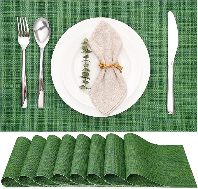 Myir JUN Placemats Set of 8 Kitchen and Dining Table Placemats | Vinyl Placemats Place Mats Indoor/Outdoor Set of 8 Washable Table Mats Non-Slip Place mats for Dining Table, Dark Green
