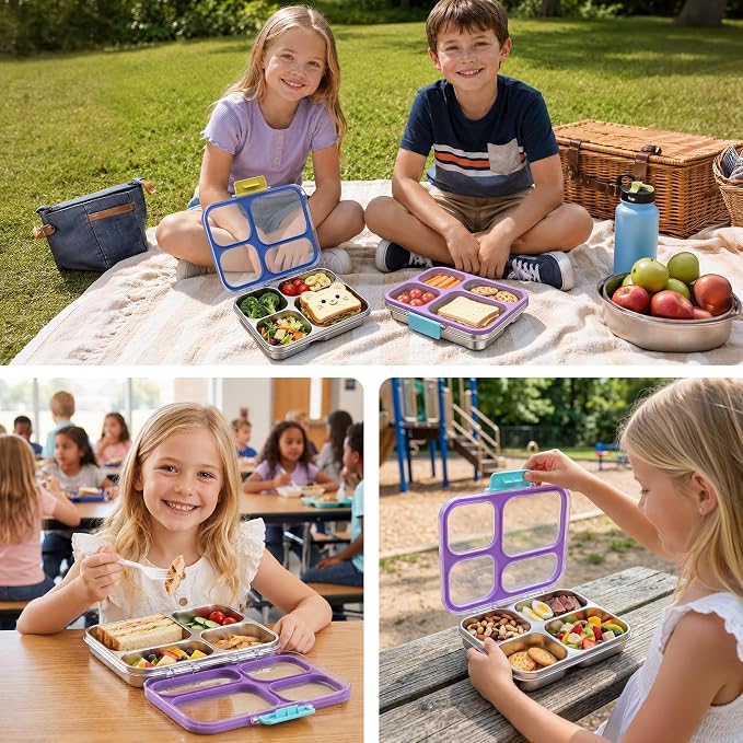 Stainless Steel Lunch Box for Kids, Leakproof 4 Compartment Kids Bento Lunch Box with Clear Lid, BPA-Free Steel Lunch Box Containers for School Travel (Purple)