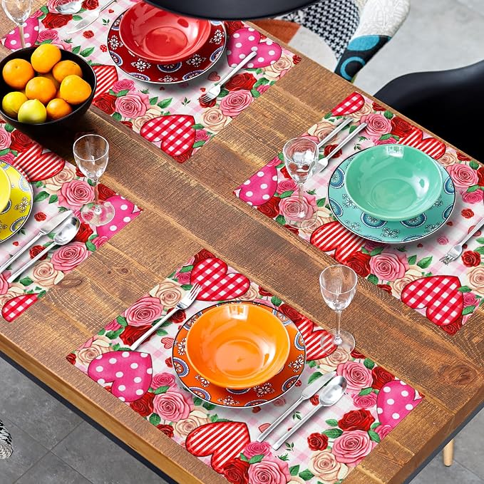 Red Rose Love Heart Polka Dots Stripe Placemat Set of 4,12x18 Inch Romantic Vintage Floral Farmhouse Holiday Wedding Anniversary Table Mats for Party Kitchen Dining Decoration
