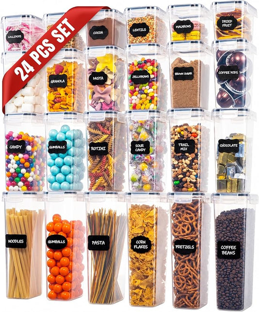 Oizeir Airtight Food Storage Containers with Lids 24-Pack, Pantry Kitchen | 24-Pack BPA-Free Airtight Plastic Food Containers, Snap Lids for Pantry Kitchen, Flour Sugar Rice Cereal Pasta, Clear