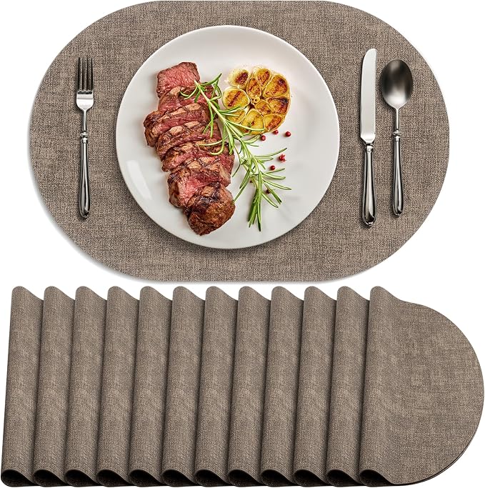Placemats Set of 12-17" x 11.8" Waterproof & Heat Resistant Oval Place Mats, Wipeable Washable Double Layer Faux Leather Table Mats, Dark Brown