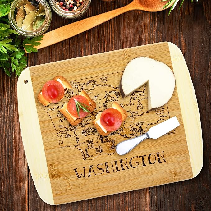 Totally Bamboo A Slice of Life Washington Engraved Map Cutting Board | 11” x 8.75” charcuterie board with engraved state map artwork. Smooth reverse side for food prep. Hang tie for wall display.