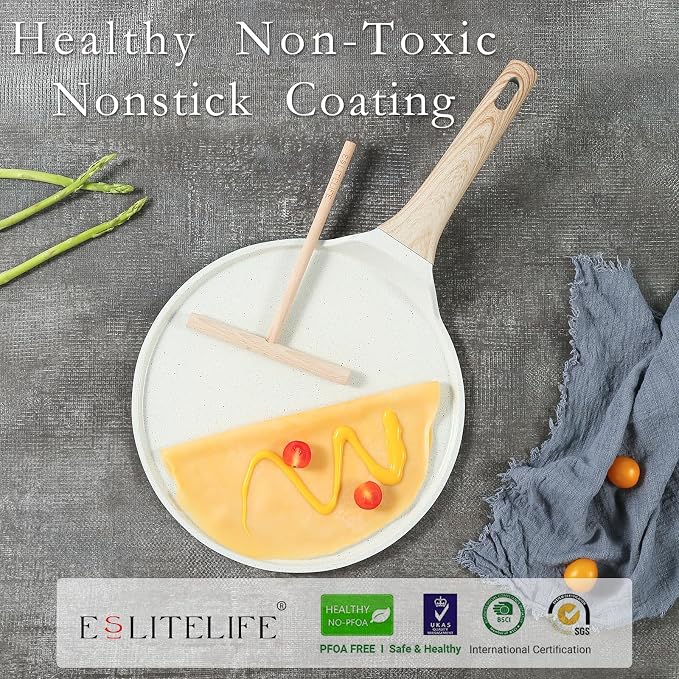 ESLITE LIFE 11 Inch Crepe Pan with Spreader, Nonstick Ceramic Coating Dosa Pan, Roti Tawa Comal Para Tortillas Pancake Griddle Pan, Induction Compatible, PTFE & PFOA Free, White