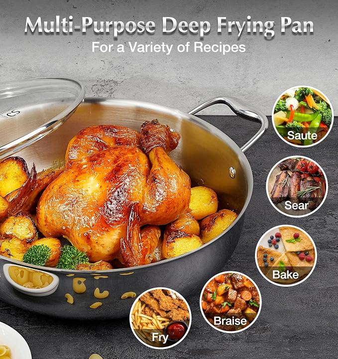 KOCH SYSTEME CS Tri-Ply Stainless Steel Saute Pan with Lid, 12 Inch Deep Frying Pan with Double Handles, 6 Quart 18/10 Stainless Steel Pan, Large Skillet, Induction Compatible, Oven Safe, Non Toxic