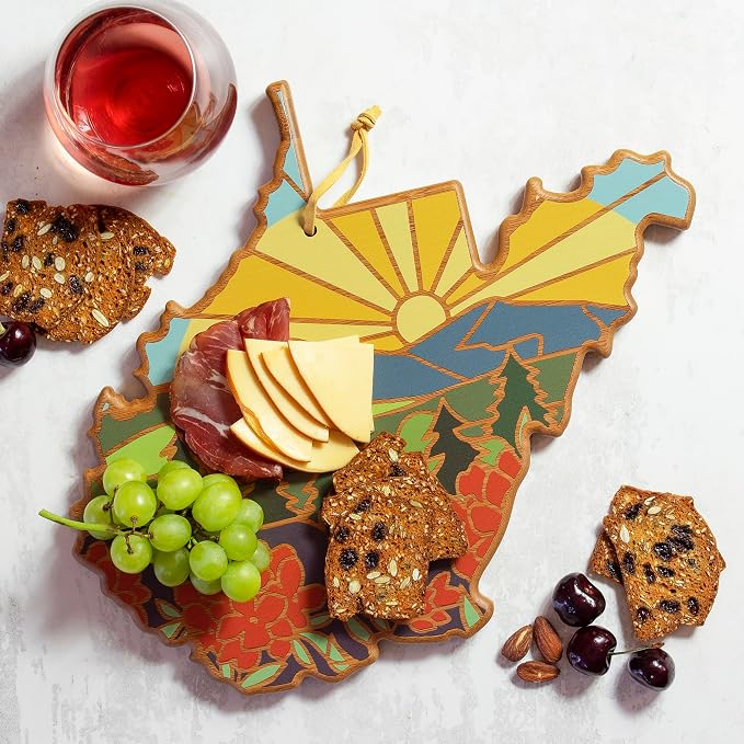 Totally Bamboo West Virginia State Shaped Cutting Board, Summer Stokes Art | State charcuterie board with colorful hand-drawn landscape art. Smooth reverse side for food prep. Hang tie for wall display.