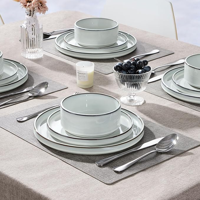 Herogo Plates and Bowls Dinner Dishes Sets for 6, 18 Pieces Ceramic Stoneware Dinnerware Set, Rustic Terracotta Bottom, Dishwasher & Microwave Safe, Icy White