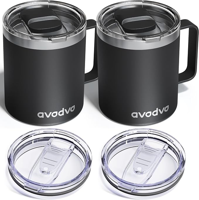 2 Pack 12oz Insulated Coffee Mug with Lids – Double Wall Stainless Steel Travel Cups with Handle, Keep Hot & Cold Drinks, Ideal Gift for Coffee Lovers, Home, Office & Camping, Black