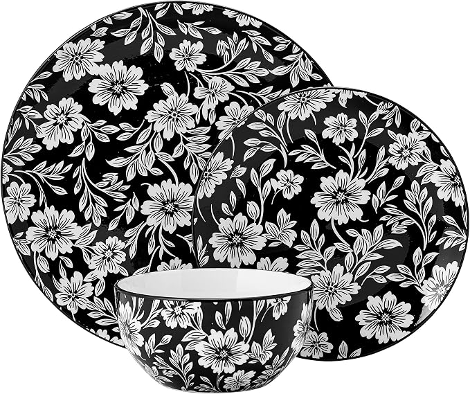 Pfaltzgraff Midnight Blooms 12 Piece Floral Stoneware Dinnerware Plate Bowl Dish Set, Service for 4, Black