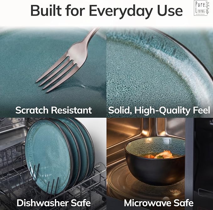 32 Piece Stoneware Dinnerware Set for 8 - Handmade Reactive Glaze Plates and Bowls Set - Chip & Scratch Resistant Dish Set - Dishwasher Microwave Safe - Dark Petrol Blue