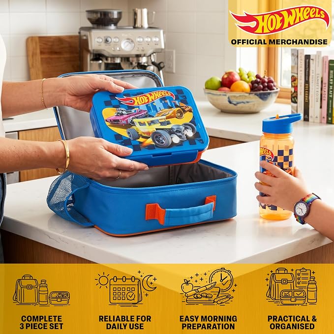 Get Trend Hot Wheels Lunch Bag, Bento Box & Water Bottle, 3 Pc Set | Insulated Lunch Bag, Lightweight Snack Box, 22 fl oz BPA-Free Water Bottle with Straw, School, Picnic, Gamer Gifts for Boys