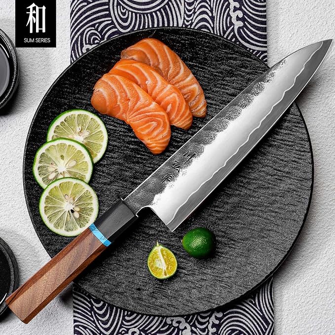 8.27 Inch Japanese Chef Knife, Hand-Forged VG10 for Precise Cuts | Hand-sharpened edge, distal taper, balanced octagonal wood handle, black-forged finish, red velvet-lined wooden gift box