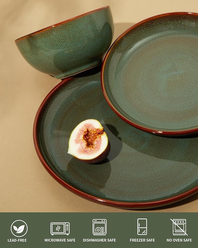 Stoneware Dinnerware Sets for 6, Microwave Safe Plate and Bowl Set, Easy to Clean & Durable Dishes Sets for Small to Medium Families, Sage Green