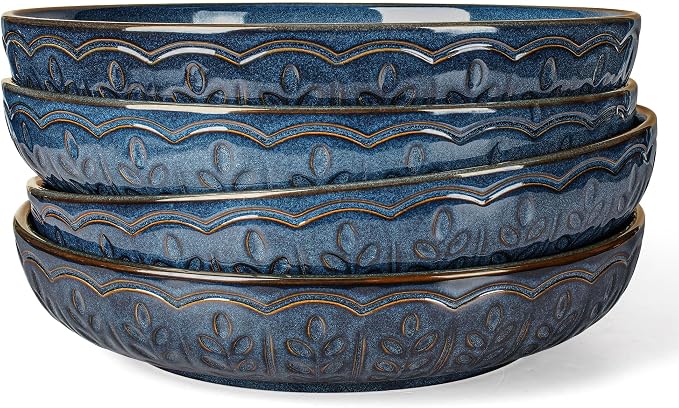Pasta Bowls, 50oz Large Salad Serving Bowls, 9.75'' Plates Bowls Set of 4, Big Ceramic Soup Bowls for Kitchen, Embossment Shallow Dinner Bowl, Microwave Dishwasher Safe, Wheat Leaf, Blue