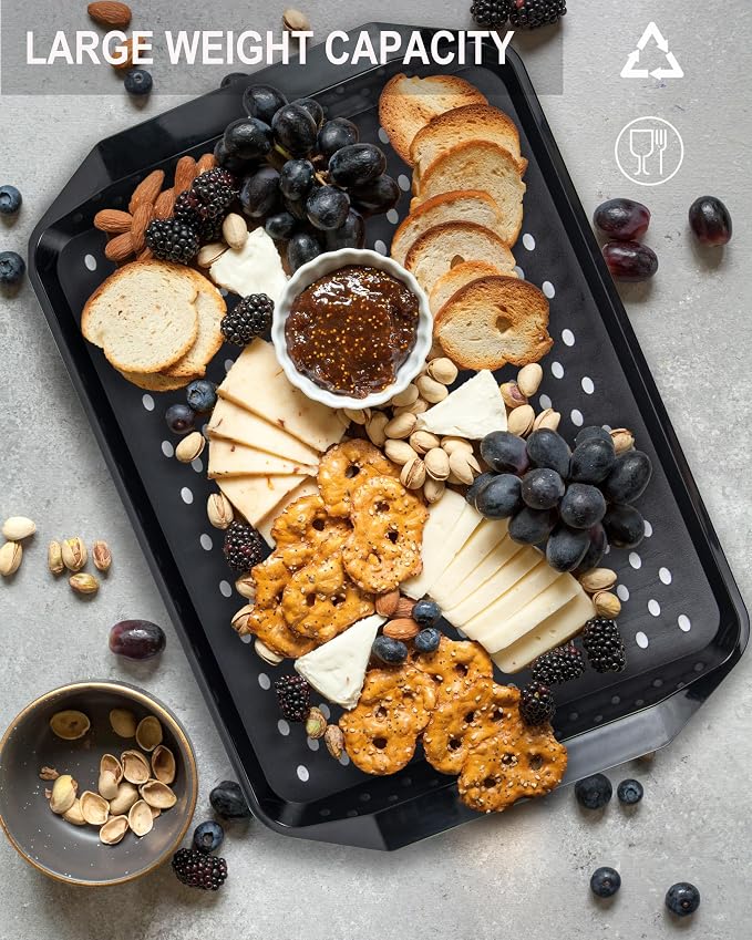 KAQAHIDO Large Non Slip Serving Tray with Grippy Dots, TV Lap Trays for Eating on Couch, Meal Serve for Dinner Breakfast, Rectangular Food Carrying for Plates, Glasses, Dishes, Set of 2, Black