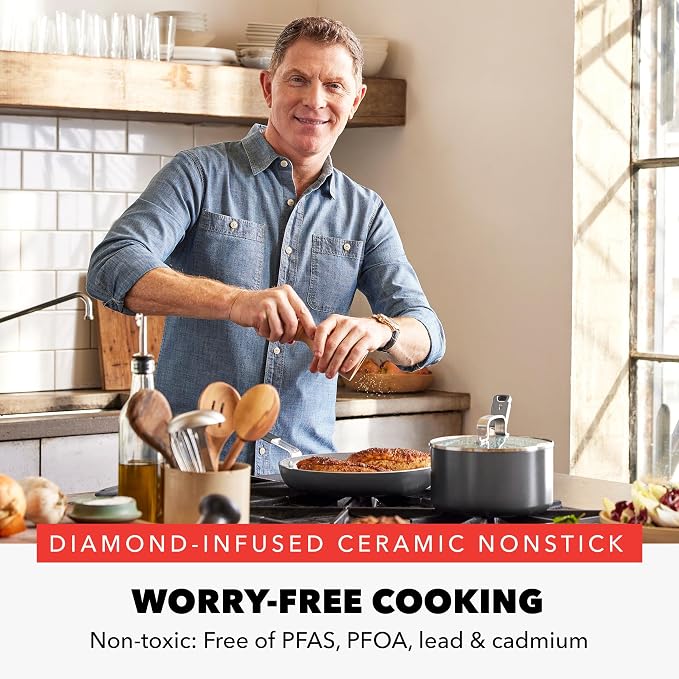 GreenPan x Bobby Flay 11” Nonstick Square Griddle Pan, PFAS-Free Diamond Ceramic,Stay-Cool Silicone Handle, Easy Clean Dishwasher & Oven Safe Skillet, Graphite