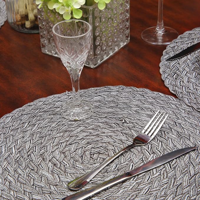 Topotdor Round Placemats Heat-Resistant Stain Resistant Anti-Skid Washable Polyproplene Table Mats Placemats (Braided-Gray, Set of 4)