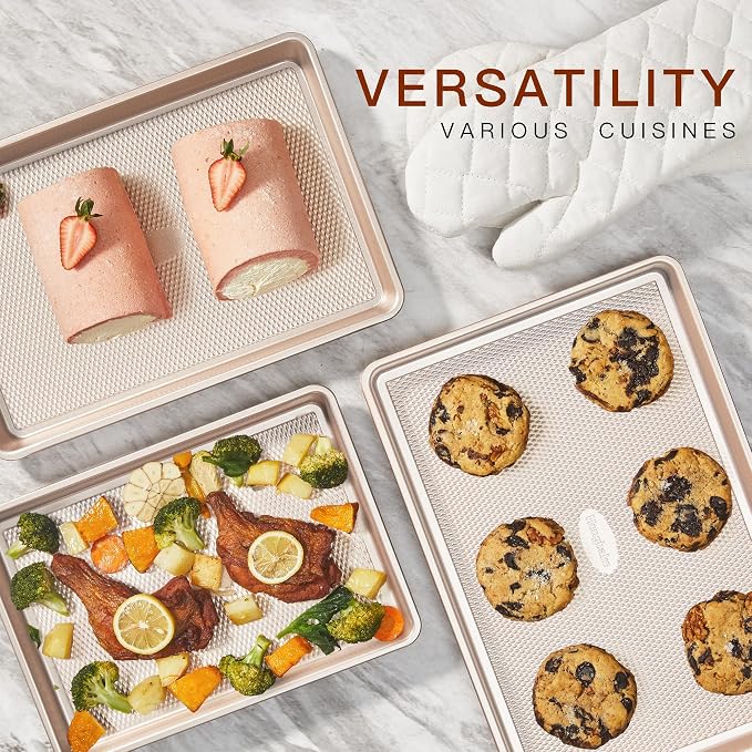 3 Pack Gold Nonstick Baking Sheet Pan Set with Oven Mitts Heat Resistant, Non-Toxic Half/Quarter/Jelly Roll Pans with Diamond Texture Pattern, Heavy Duty 0.8mm Thick Cookie Trays for Cooking