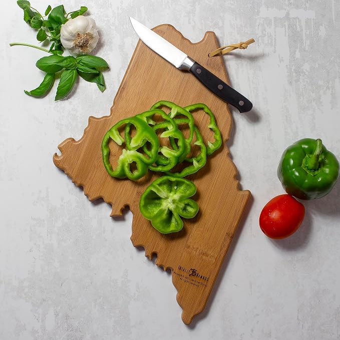 Totally Bamboo Maine State Shaped Cutting Board, Summer Stokes Art | State charcuterie board with colorful hand-drawn landscape art. Smooth reverse side for food prep. Hang tie for wall display.