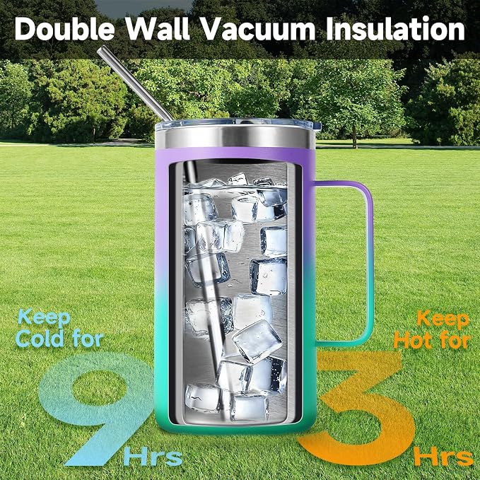Volhoply 22oz Insulated Stainless Steel Coffee Mug with Leakproof Lid,Double Wall Vacuum Travel Coffee Cup with Handle,Reusable Metal Tumbler,Camping Mugs Keep Hot&Cold(Purple Green,1)