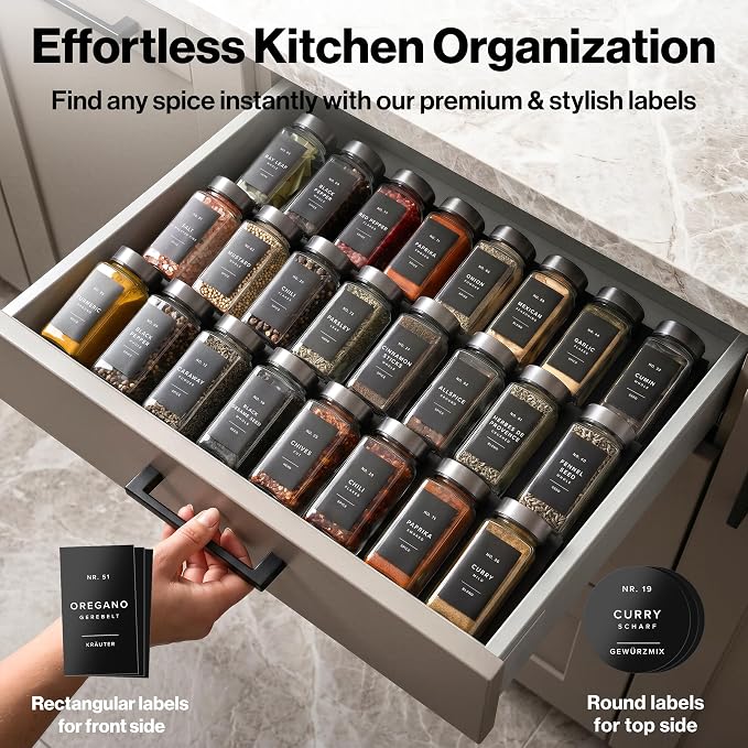 Glass Spice Jars with Label, 24x Space Gray Stainless Steel Lids | Airtight Lids keep spices fresh, Kitchen Spice Drawer Organizer, 4oz Seasoning Containers incl. Funnel, Brush & 240 Labels