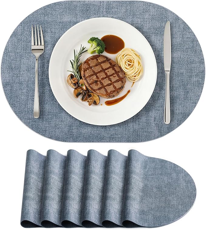 Placemats Set of 6, 11.8 x 17 Inch, Blue | Heat Resistant Oval Faux Leather Place Mats, Waterproof Wipeable Reversible PU Placemat, Indoor & Outdoor