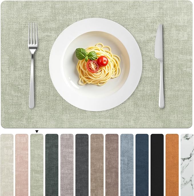 FROMHEART Faux Leather PU Placemats Set of 6 (Light Green,11.8" x 17") | Waterproof,Heat/Oil Stain-Resistant Table Mat–Reversible,Non-Slip,Easy to Clean Place Mats for Kitchen,Dining,Indoor/Outdoor