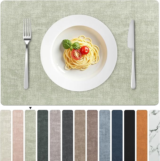 FROMHEART Faux Leather PU Placemats Set of 8 (Light Green,11.8" x 17") | Waterproof,Heat/Oil Stain-Resistant Table Mat–Reversible,Non-Slip,Easy to Clean Place Mats for Kitchen,Dining,Indoor/Outdoor